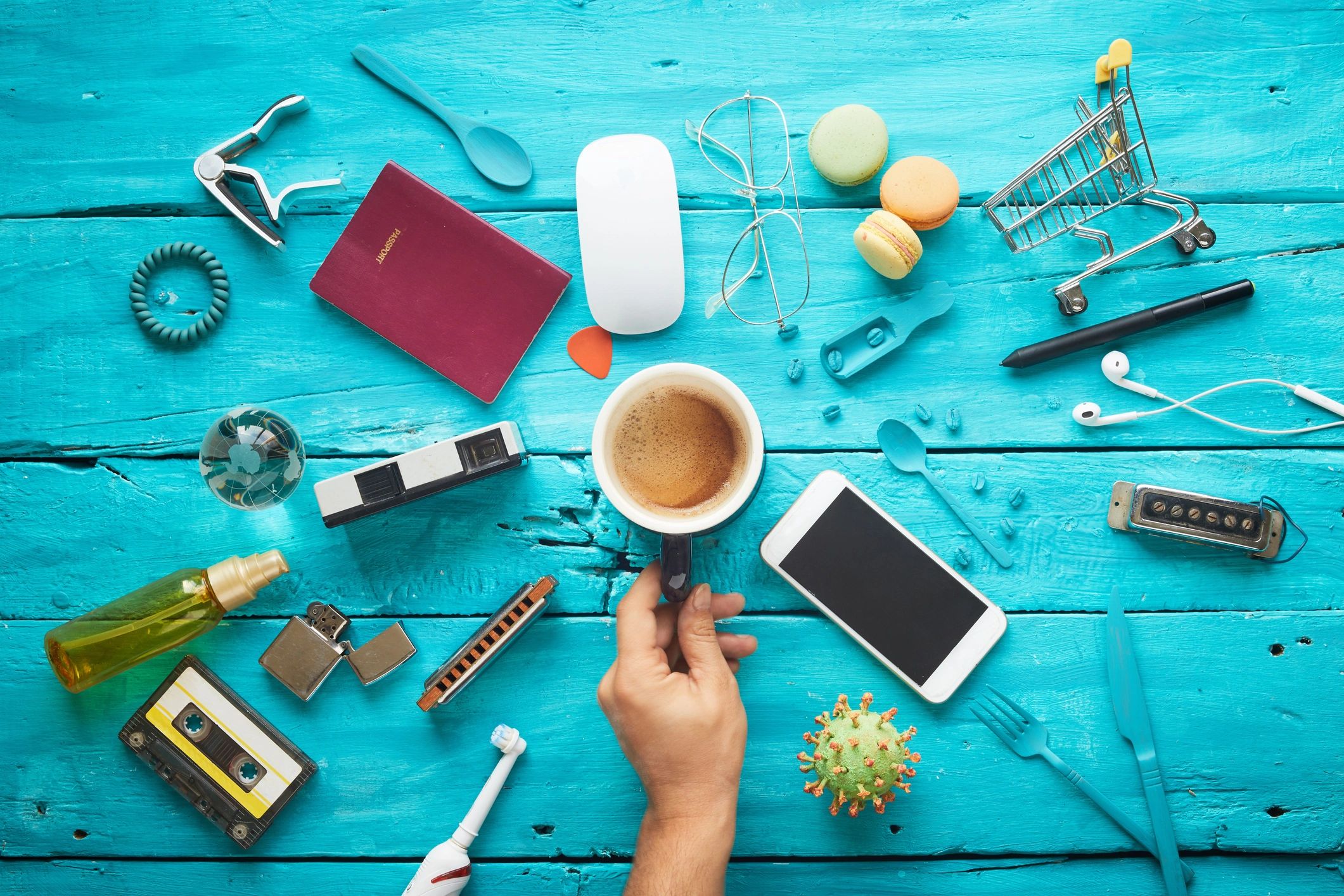 Travel supplies on a wooden table
