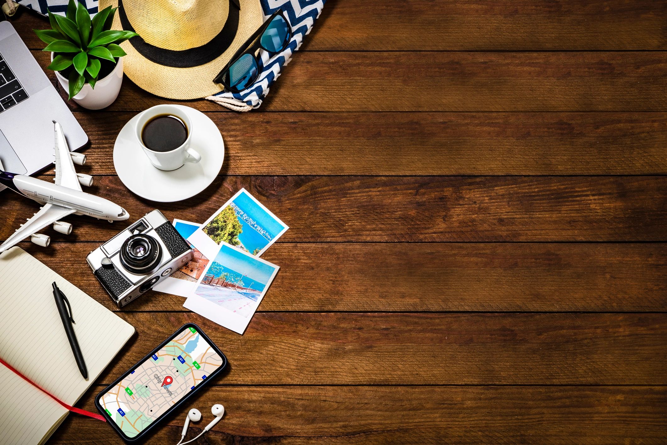 Travel planning desk with copy space