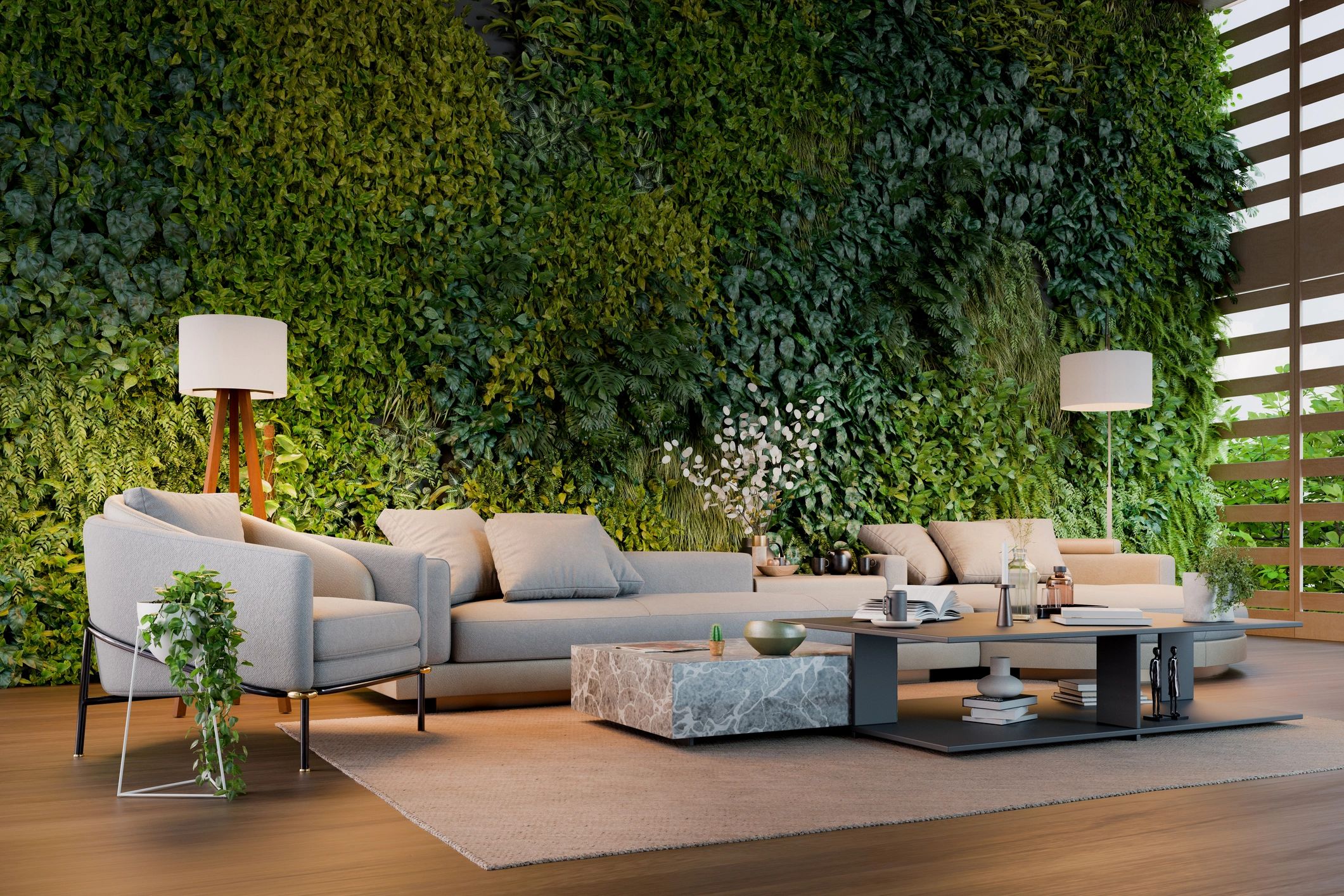 Minimal modern living room with vertical plants